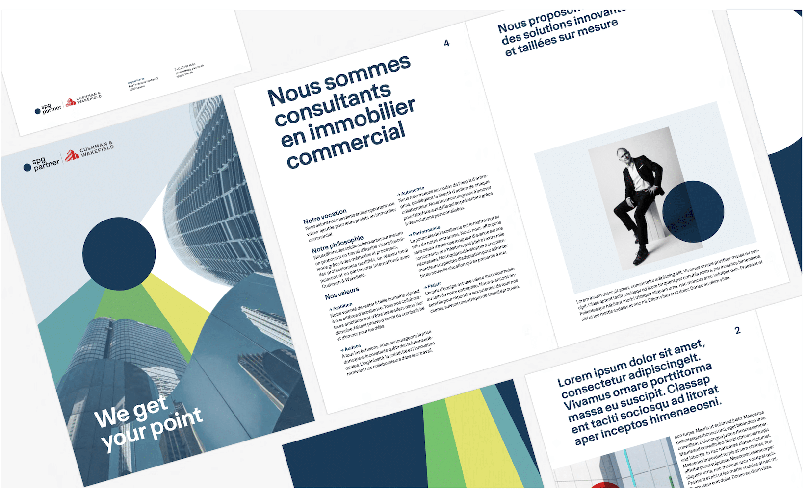 Un ensemble de pages de brochures en français et en anglais pour une société de conseil en immobilier d'entreprise, avec une conception graphique moderne, des blocs de texte pour vous aider à faire passer votre message, une image d'un bâtiment et une photo en niveaux de gris d'une personne en tenue de travail.