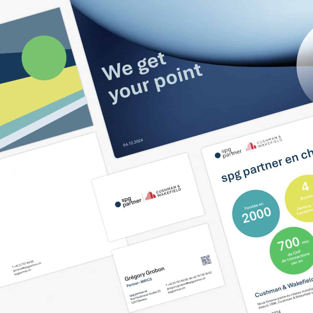 Une collection de supports de marque pour les entreprises, notamment des brochures, des cartes de visite et des fiches d'information présentant des designs modernes avec des éléments bleus, verts et jaunes - parfaits pour faire passer votre message pour SPG Partner et Cushman & Wakefield.