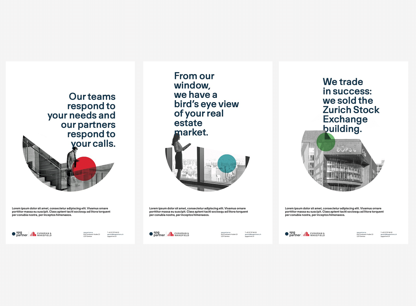 Trois affiches au design moderne avec des titres audacieux, des découpes de photos circulaires et des points de couleur vous aident à faire passer votre message. Chaque affiche met en évidence un message commercial sur le travail d'équipe, la connaissance du marché et le succès commercial, avec des points de repère à Zurich.